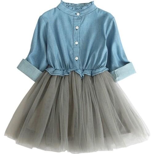 2021 Spring And Autumn Childrens Clothing New Girl princess Ress Denim Top Net Gauze Skirt Female Baby Long-sleeved