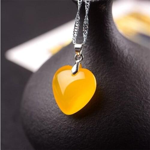 Yellow Heart-shaped Jade Pendant 925 Silver Necklace Natural Chalcedony Carved Charm Jewelry Fashion Amulet for Men Women Gifts
