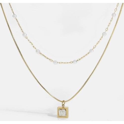 Pearl Chain Pendant Clear Crystal Pendant Necklace Double Layer Stainless Steel Pearl Clear Stone Necklace Summer Jewelry