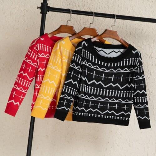 Print Knitted Sweater Women Elegant Oversized Pullovers For Autumn Winter Casual Loose Long Sweaters Round Neck Sueter Mujer