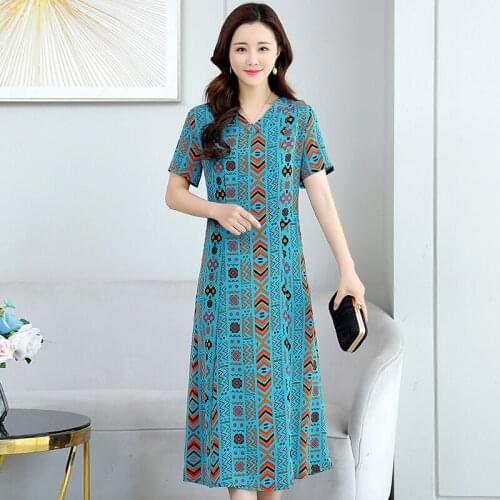 Summer Casual Print Long Dress for Women V-Neck Plus Size Ladies Dress Short Sleeve Female Mid-Calf A-Line Dresses Nice New