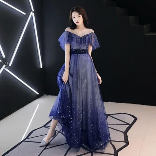 Evening Dress qipao For Women blue Shining Evening Dresses V-neck Formal Gowns Lace covered shoulder sleeves robe de soiree