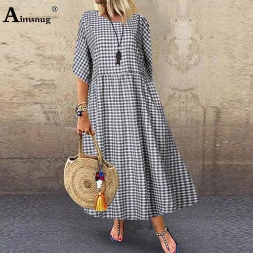 Aimsnug Plus Size 5xl Women Elegant Bohemian Long Dress Simple Classic Plaid Retro Dresses 2021 Ladies Summer Vintage Maxi Dress