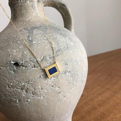 2021 Stainless Steel Jewelry for Women Vintage Art Frame with Natural Lapis Lazuli Pendant 18k Gold Chains Necklace for Women