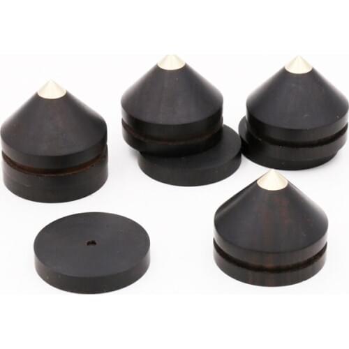 4pcs 23mmx20mm Ebony Wooden Speaker Copper Tip Spike Cone amp 4x23mmx4mm Base Pad Isolation Kit Sets for Hifi AMP DVD player