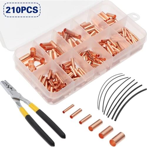 970/210pcs 1-8mm Wire Joint Small Copper Tube Cold Pressed Copper Connecting Pipe w/ Plier Intermediate Joint Direct Connection