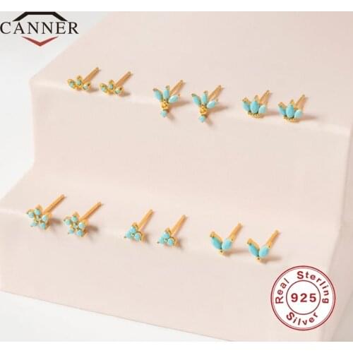 CANNER 100% Real 925 Sterling Silver 2020 INS Style Turquoise Stud Earrings For Women Small Piercing Earring Jewelry Pendientes