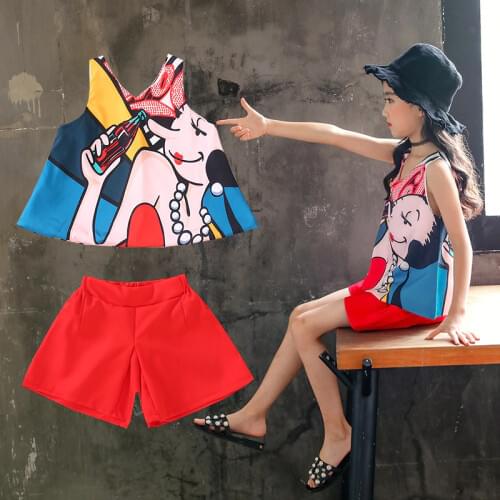 Childrens Clothing Vest Two Piece Sets Summer Fashion Girls Print Chiffon Tops and Shorts 3-12 Years Kids Clothes Girl Suits