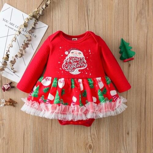 Baby Girls Christmas Printed Romper Long Sleeve Ruffled Lace Hem and Snap Button Crotch Baby Clothes For 0-12M