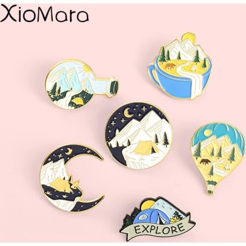 Explore Nature Enamel Pin Custom Drift Bottle Hot Air Balloon Stars Moon Travel Brooches Bag Lapel Collection Badge Jewelry Gift