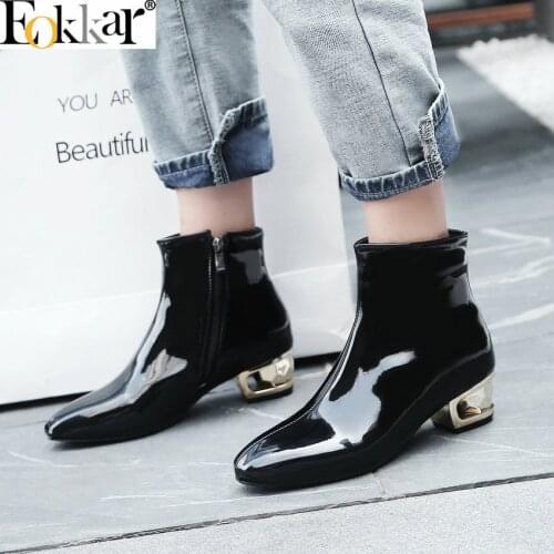 Eokkar 2020 Square Toe Ankle Boots Women Thick Heels Patent Leather Winter Shoes Zipper Gold Heels Black Boots Plus Size 34-45