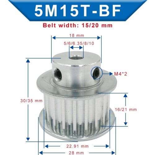 5M-15T Pulley Inner Bore 5/6/6.35/8/10 mm Aluminum pulley wheel Slot Width 16/21 mm Fit For Width 15/20 mm 5M-synchronous belt