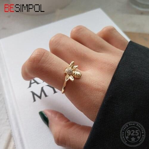 Besimpol Genuine 925 Sterling Silver Little Bee Ring Western Style Gold Open Thin Rings For Women Luxury Fine Jewelry Gifts