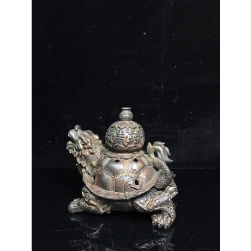 6"Chinese temple collection Old Bronze Cinnabar Lacquer Dragon turtle statue incense burner Back cornucopia Ornaments Town House