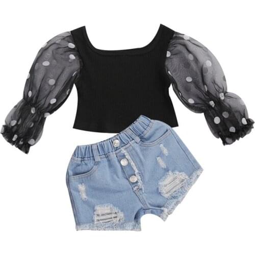 Pudcoco 1-6 Years Summer Outfits For Baby Girls Mesh Dots Shirt tops Denim Ripped Shorts Fashion High street Puff sleeve Clothes