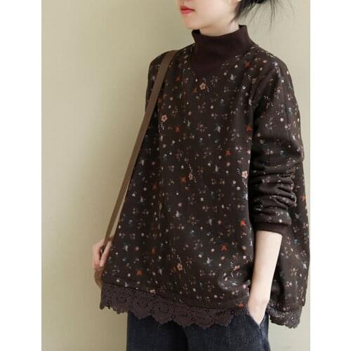 New Autumn Arts Style Women Long Sleeve Loose Patchwork Lace Pullovers All-matched Casual Vintage Print Cotton Hoodie S559