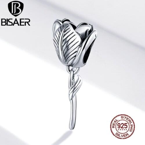 BISAER Tulip Flower Charm 100% 925 Sterling Silver Beads Pendant DIY Bracelets Necklace Wedding Fashion Jewelry ECC1514