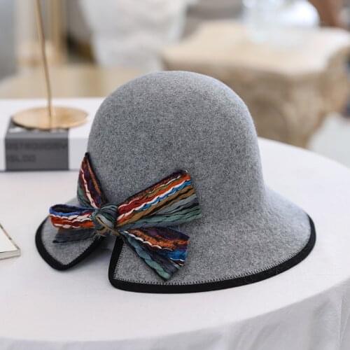 H287 Woolen Felt Fedoras Hat Female British Vintage Bowknot Cap Autumn Winter Ladies Korean Fashion Cloche High Quality Hats