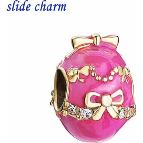 Slide charm Free shipping exquisite bow pink enamel gilt egg charm beads fit Pandora bracelet