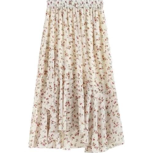 Vintage Floral Print A-line Pleated Long Skirts Summer Women Korean Skirt Streetwear Drawstring Elastic Waist Midi Skirt