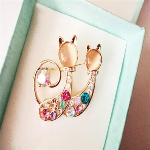 New Women Cute Two Opal Cats Brooches Shining Multicolor Rhinestone Brooch Pin Fashiong Clothing Accessories Hot Crystal Brooch