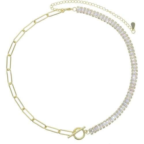 High Quality Micro Pave Baguette Cubic Zirconia CZ Half Open Link Chain Toggle Clasp Trendy European Women Choker Chain Necklace