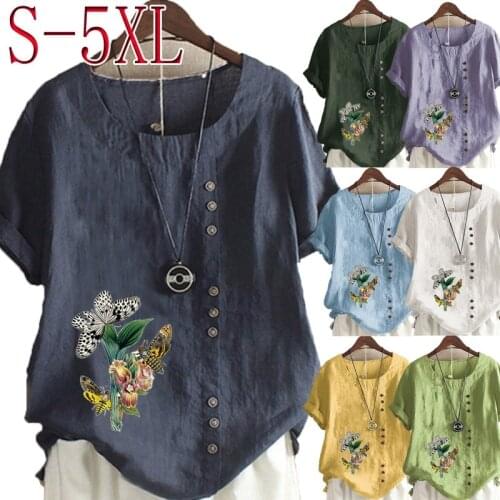 Womens New Fashion Cotton Linen Shirt Round Neck Short Sleeve Floral Print T-shirt Summer Ladies Casual Large Size Top