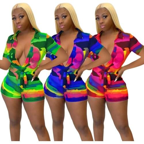Echoine Women Sexy Colorful Bandage Bodycon Playsuit Summer One Piece Party Club Outfits Rompers Jumpsuit Biker Shorts Plus Size