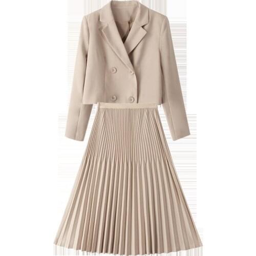 Spring Autumn Womens New Double-Breasted Jacket Short + Mid-Length Pleated Skirt Two-Piece Suits