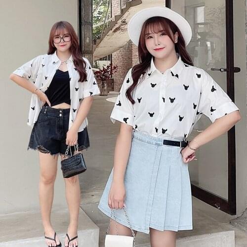 Large size womens summer dress new fat MM200 pounds white printed loose short-sleeved shirt top