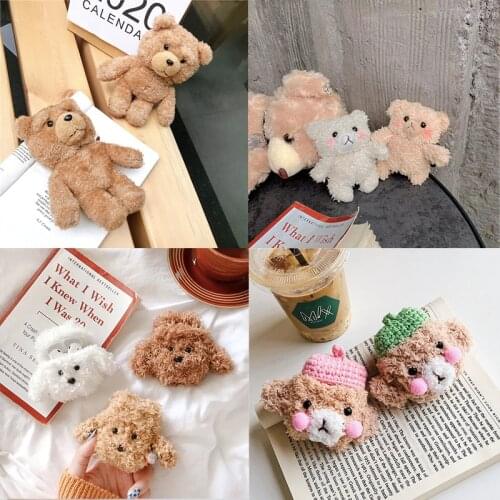 Winter Knit Cute Case Cover for Apple Airpods 1/2 Earphone Cases plush Brown Teddy Bear Bluetooth Headphone Bag Air Pods Lanyard
