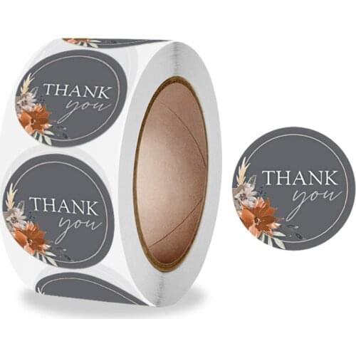 1 Inch 500pcs/Roll Round Gray Flowers Thank You Sticker Labels for Small Business Gift Bags Card Festival Birthday Wedding