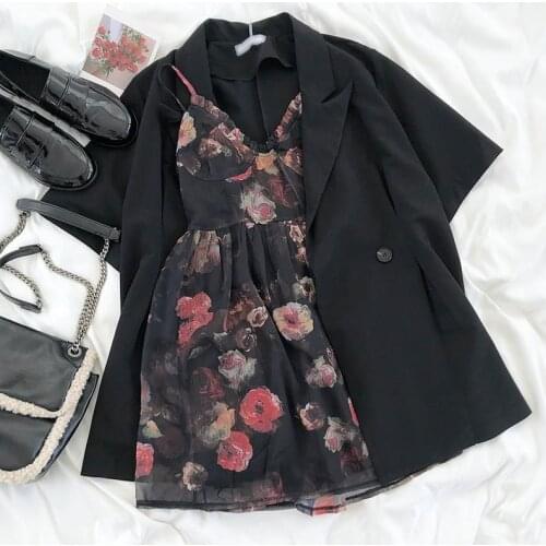 2021 Fashion wpmen suits French oil painting girl flower suspender dress+simple black short-sleeved suit jacket high street sets