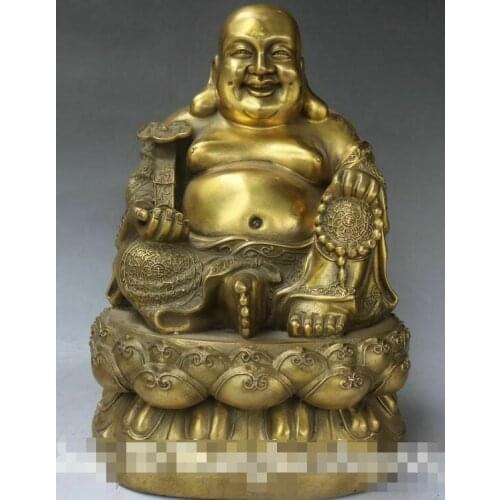 9" Old China Bronze Seat Happy Laugh Maitreya Buddha Hold Ruyi Bead Robe Statue
