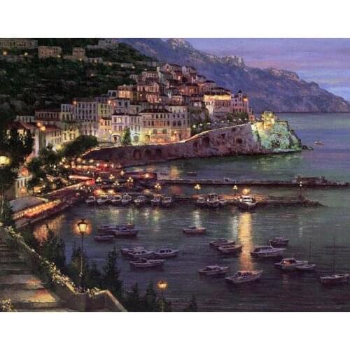 Free shipping mediterranean scenery seaside city at night seascape oil painting canvas prints on canvas wall decoration picture