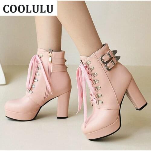 COOLULU Block Heel Ankle Boots for Women Lace Up Boots High Heel Womens Platform Boots Winter Shoes Zipper Elegant Plush Size