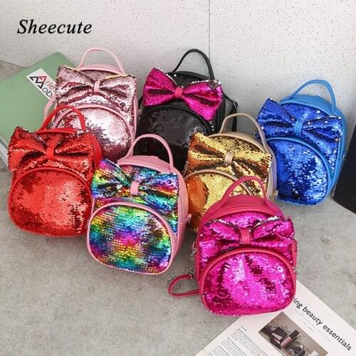 Kindergarten School Bags for Children Girls Backpack Mini Bags Fashion Bow Sequin Leather Kids Shoulder Bag Cute Backpacks Zip