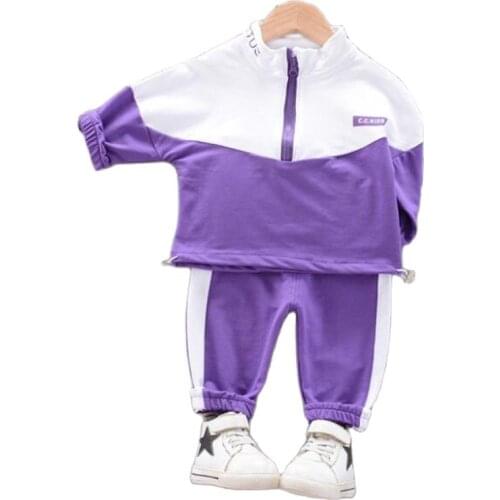 Childrens suit spring and autumn boys and girls stitching headband hooded long-sleeved sweater + sports trousers two-piece suit