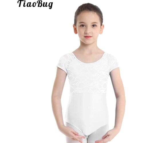 TiaoBug Summer Kids Girls Short Sleeves Floral Lace Bowtie Shaped Back Sport Ballet Dance Gymnastics Leotard Jumpsuit Bodysuit
