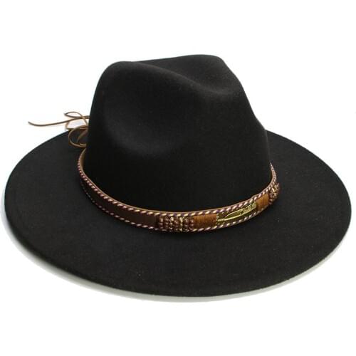 LUCKYLIANJI Retro Women Men Vintage 100% Wool Wide Brim Cap Fedora Panama Jazz Bowler Hat Leaf Leather Band(57cm/Adjusted)