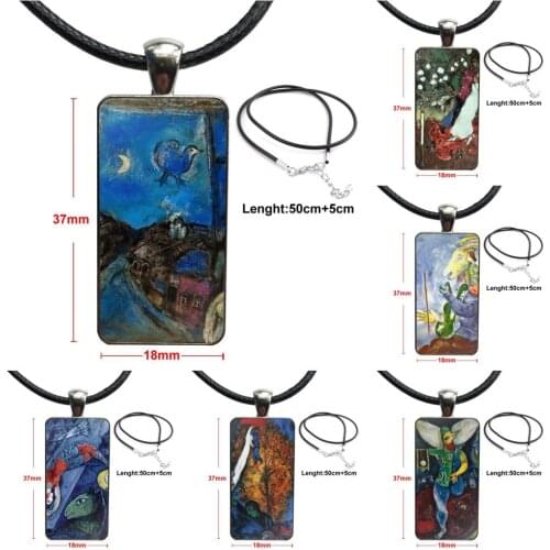 Marc Chagall For Women Vintage Jewelry Steel Color Glass Cabochon Choker Pendant Long Rectangle Necklace