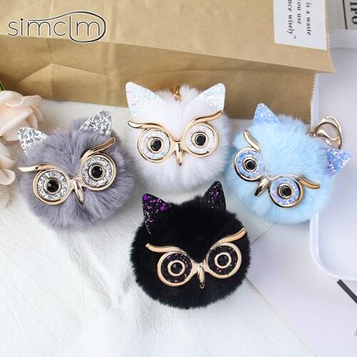 Cute Cartoon Owl Keychain Fluffy Rabbit Fur Plush Ball Pom Pendant Soft Animal Key Chain For Car Trinket Women Handbag Key Ring