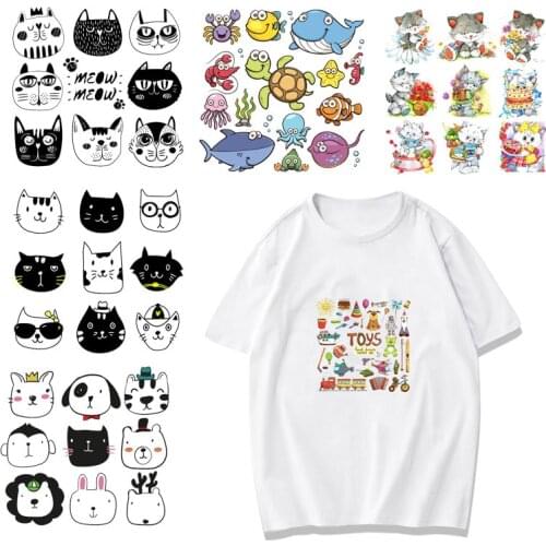 Cartoon Animal Patch Set Iron on Transfer Cute Dog Cat Marine Life Flower Patches for Kids Girl Clothing T-shirt DIY Heat Press