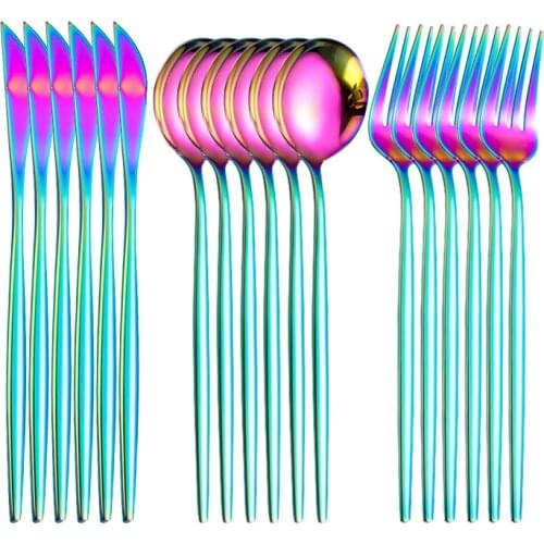 6/18Pcs Kitchen Dinnerware Set Dinner Knife Fork Spoon Flateware Set Western Tableware Set Stainless Steel Rainbow Cutlery Set