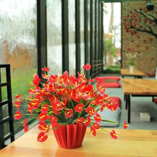 NHBR 4 Bunches Artificial Fake Flowers Faux Anthurium Plants Plastic Shrubs Bushes Greenery Indoor Outside Hanging Planter Home