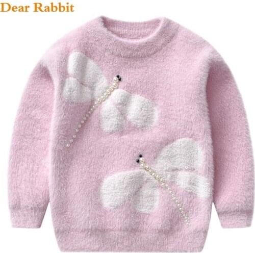 New Mink fleece girl winter clothes Kids Pullover Knitwear Sweater Children Clothing dragonfly boy Pattern Knitted Sweaters 2-7T