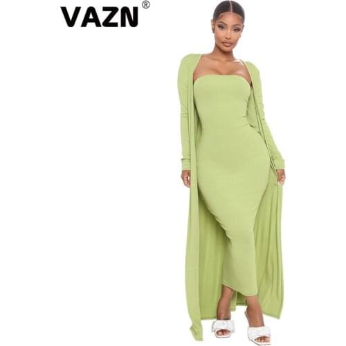 VAZN 2020 New High-end Young Fresh Clear Green Holiday Sexy Full Sleeve X-Long Cloth Group Maxi Dress Slim Women 2 Piece Set