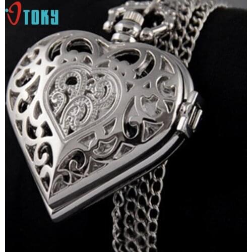 New Arrive New Silver Hollow Quartz Heart Shaped Pocket Watch Necklace Pendant Womens Gift Jan-05