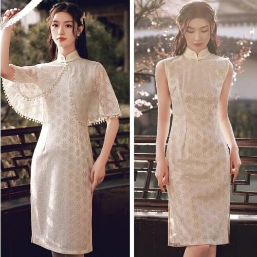 Cheongsam Dress Modern Qipao Pearl Dress 2021 Women Shawl Cloak Two-Piece National Chinese Cheongsam Dresses Summer Party Dress