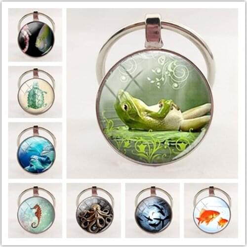 Marine life glass dome keychain marine marine animal art shark crab octopus turtle fish charm keyring DIY jewelry discovery